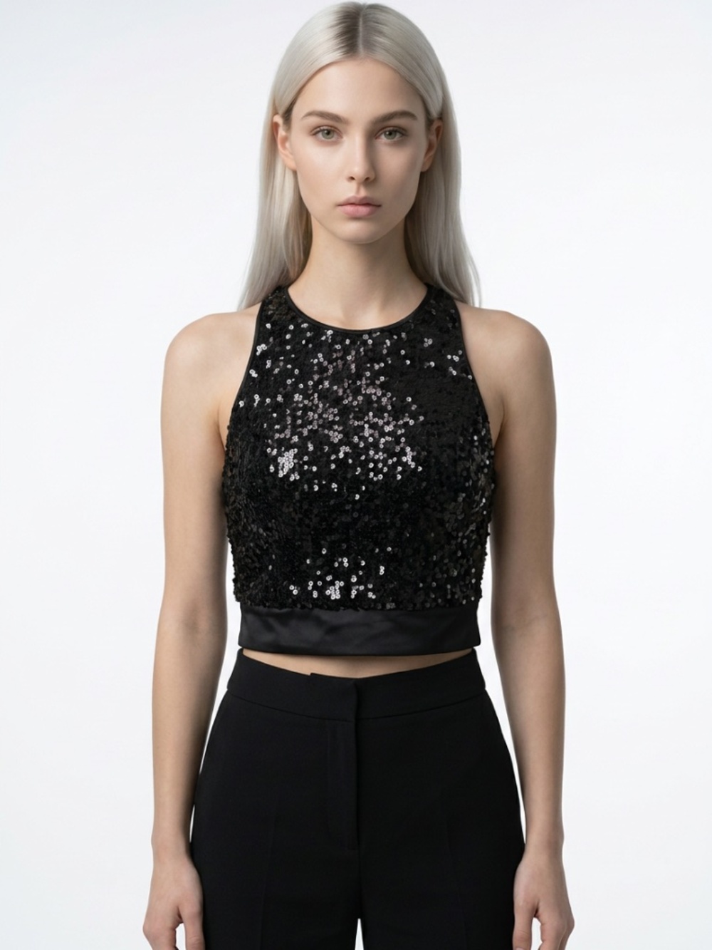 BALERA • Black Sequin Racerback Crop Top Open Side V Cutouts L